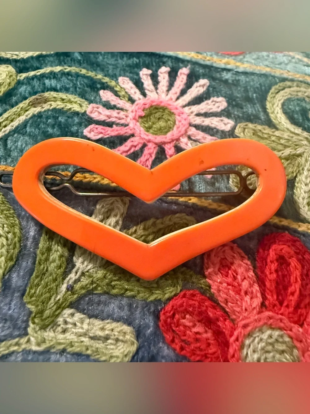 1960’s Extra Wide French Barretre in a Heart Shape in Orange, 2.6” Wide!